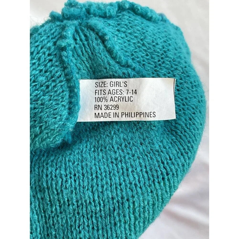 Vintage 90s Fleece Lined Acrylic Navajo Aztec Teal Purple Geometric Beanie Girls
